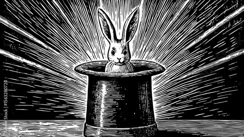 magician’s hat with a rabbit popping out and sparkles, perfect for kids’ books, magic shows or fantasy branding a black and white line art illustration