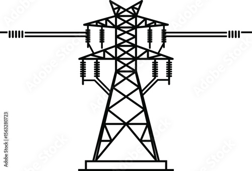 High voltage electric transmission tower vector, black and white line art, power energy infrastructure, electricity pylon, grid network illustration