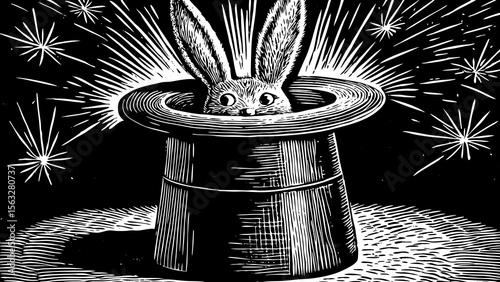 magician’s hat with a rabbit popping out and sparkles, perfect for kids’ books, magic shows or fantasy branding a black and white line art illustration
