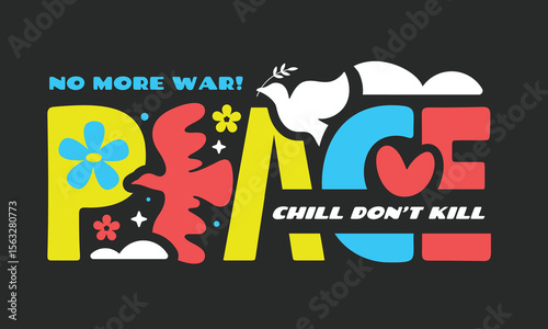 World peace concept. Typographic peace, dove , and flowers. No war design in flat style.