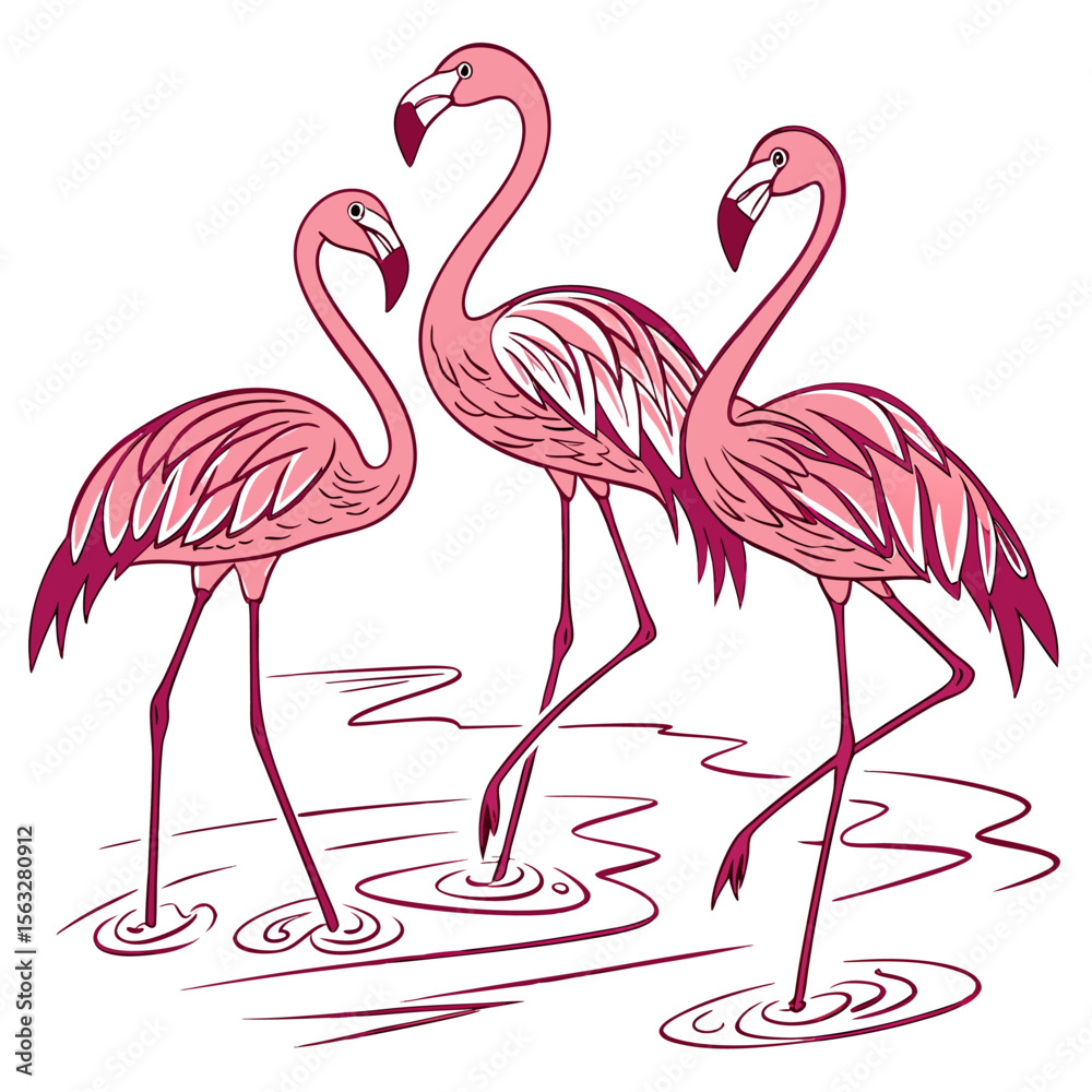 Naklejka premium Pink flamingos stand gracefully in water, their elegant necks and vibrant feathers creating a beautiful tropical illustration of these wild birds
