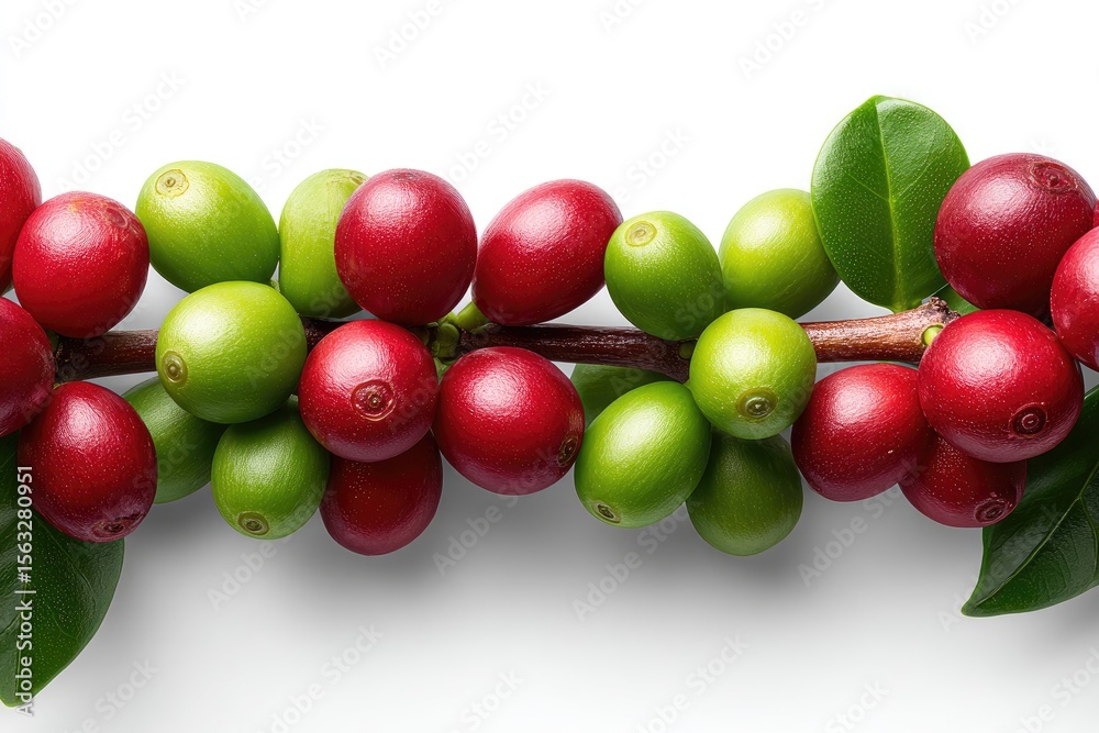 Fototapeta premium Close-up of coffee cherries on a branch.