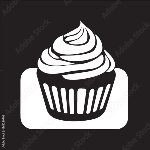 Large cupcake with frosting in a decorative swirl, illustrated in bold line art, made for bakery product design or digital cafe branding.
