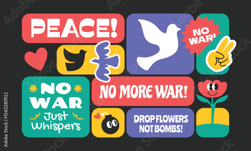 Peace symbol stickers, patchs, badges collection. No war concept quote and phrases in y2k design style.