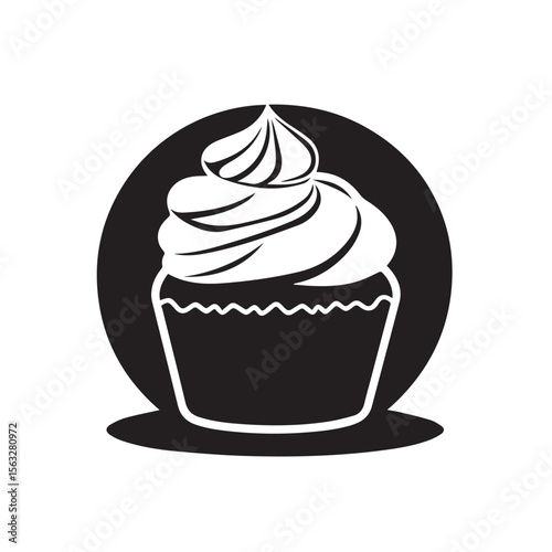 Cupcake with whipped cream topping in a bowl?like wrapper, illustrated for sweet food menus, dessert apps or pastry packaging design.