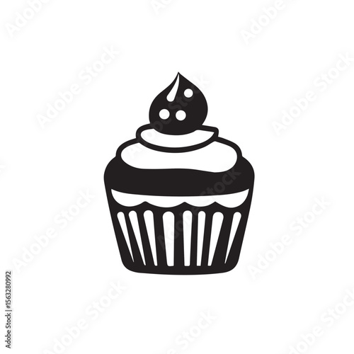 Festive cupcake icon in crisp black and white with thick swirl topping, perfect for food-themed icons, bakery apps, and confectionery branding.