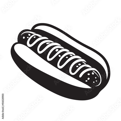 Hot dog icon with visible sausage, bun, and mustard detail, designed in bold vector style for fast food menus, delivery branding or snack packaging.