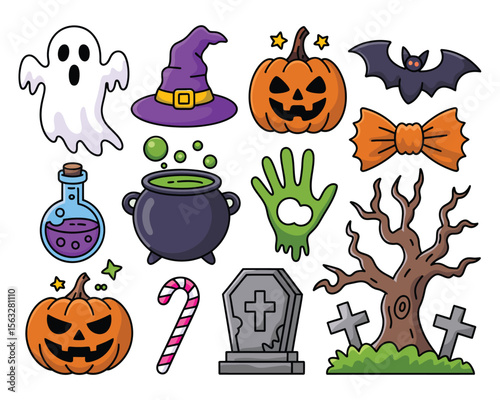 Colorful Halloween Cartoon Vector Icon Set – Spooky & Fun Hand-Drawn Illustrations