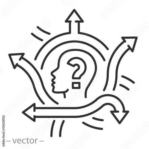puzzled man with road junction icon, doubt person, confusion in choosing a path, arrow directions, making decision on way, choice, line web symbol on white background - editable stroke illustration