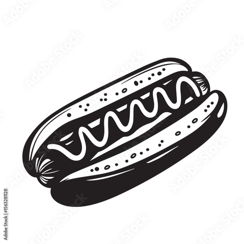 Detailed hot dog with toppings in thick black vector lines, suited for snack branding, digital food graphics or meat vendor materials.