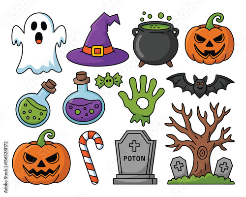 Colorful Halloween Cartoon Vector Icon Set – Spooky & Fun Hand-Drawn Illustrations