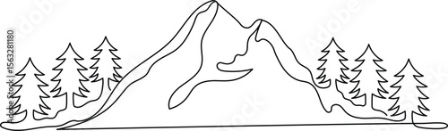 Abstract mountain range landscape in continuous line drawing style. Minimalist mountain in black linear sketch isolated on white background. Vector illustration