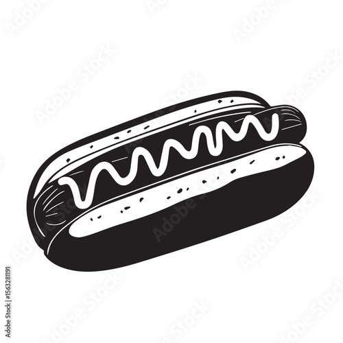 Hot dog illustration with strong curve and mustard trail, ideal for summer barbecue posters, food trucks, or diner graphics.