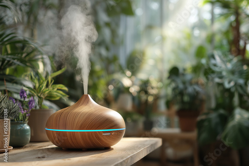 A wooden diffuser with a blue light on top of it