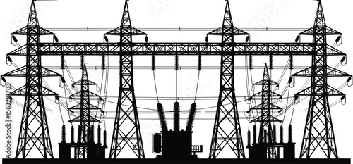 High voltage power substation, electric transmission towers, energy distribution center, utility infrastructure, electricity grid network, industrial transformer system, electric lines