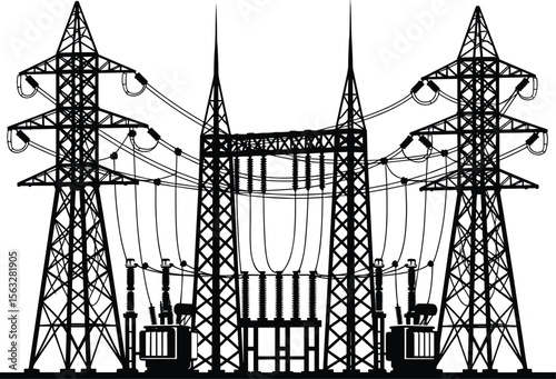 High voltage power substation, electric transmission towers, energy infrastructure, electricity distribution, power lines network, industrial utility, electrical engineering system