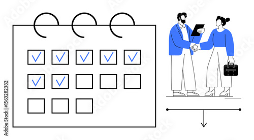 Colleagues shaking hands beside a calendar marked with completed tasks. Ideal for teamwork, scheduling, collaboration, agreements, productivity, organization, business planning. Simple flat metaphor