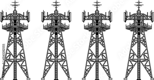 Telecommunication towers, cell signal antenna masts, wireless communication infrastructure, vector illustration, mobile network tower, radio transmission, telecom structure, black outline