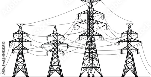 High voltage transmission towers, electrical pylons, energy power lines, electricity grid infrastructure, industrial utility poles, electric distribution, energy network design