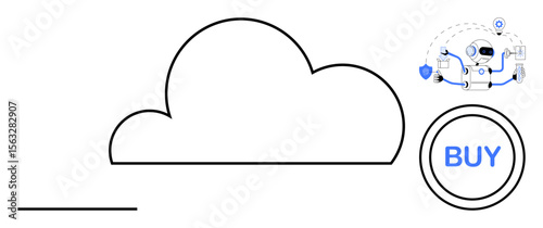 Cloud icon, robot managing transactions, and a Buy button showcase online shopping, automation, and cloud use. Ideal for e-commerce, AI, automation, fintech cybersecurity cloud digital services