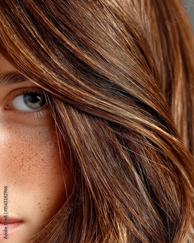 Close-up of Woman's Eye and Brown Highlighted Hair: Partial Face, Freckles, Beauty Detail, Hair Care, Natural Light
