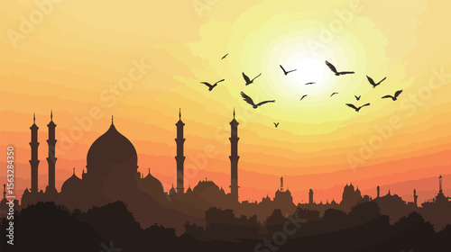 Golden Hour Mosque Vector with Birds Flying – Warm Sunset Silhouette Illustration