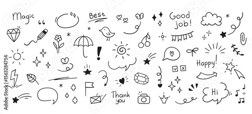Collection of handdrawn doodles includes words like Magic Best Good Job and various shapes and symbols