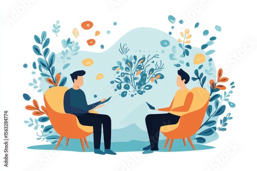 Mental health care concept, psychologist talking with a young man in a depression therapy session, Generative AI