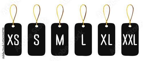 Clothing size labels set: XS, S, M, L, XL, XXL. Vector