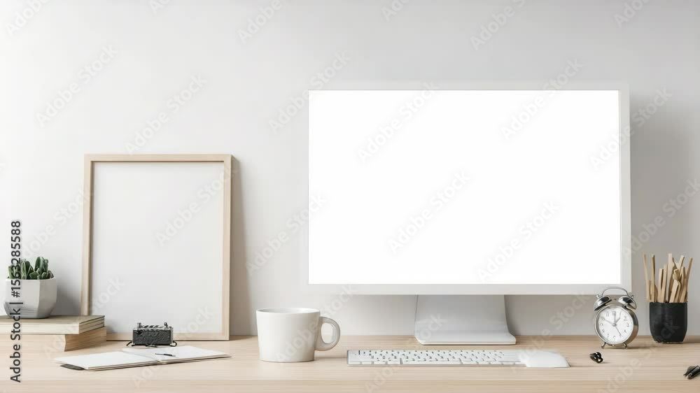 Modern workspace mockup with computer and frame