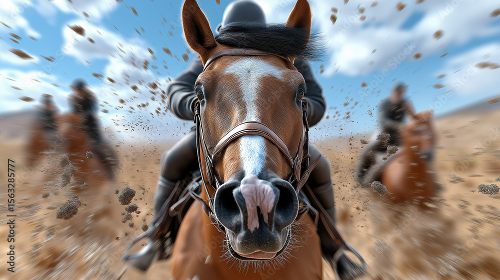 Fototapeta premium Horse riders gallop through a dusty terrain under a blue sky