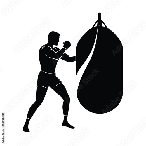 A striking boxer silhouette practicing punches on a heavy punching bag in a gym