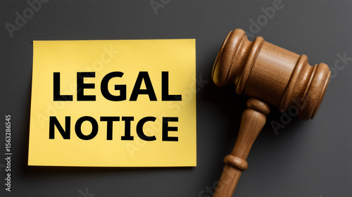 Legal notice reminder with wooden gavel on dark surface symbolizing court ruling and law enforcement communication concept