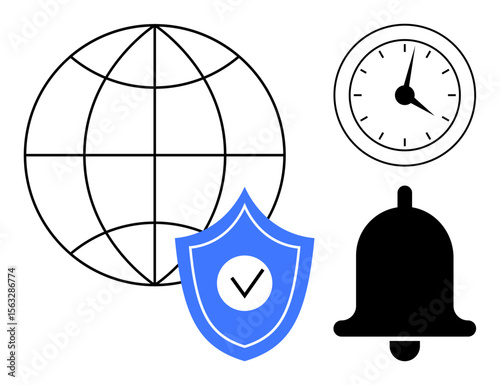 Globe, shield with checkmark, clock, and bell visualizing internet access, protection, efficiency, punctuality. Ideal for security, networking time management alerts safety productivity system
