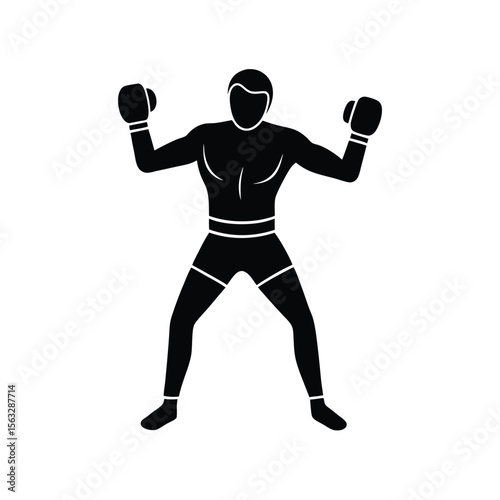 Black silhouette of a boxer in a ready stance prepared to throw a punch during a match
