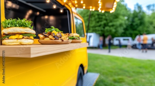 Gastronomic Adventure: A vibrant yellow food truck showcases an array of delicious gourmet burgers, tantalizing fries, all ready to serve and satisfy