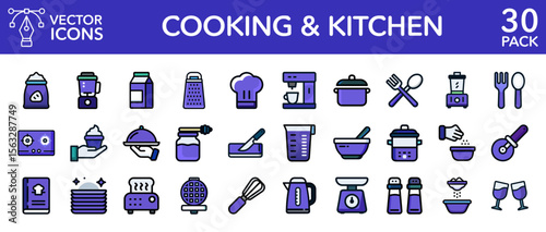 Cooking kitchen utensils recipe food preparation culinary line vector icons