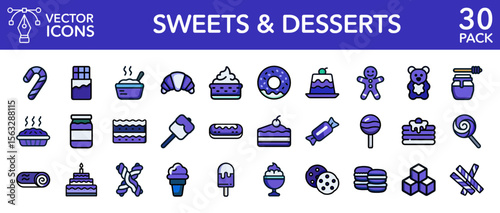 Sweets candy dessert chocolate cake pastry bakery vector line icons set