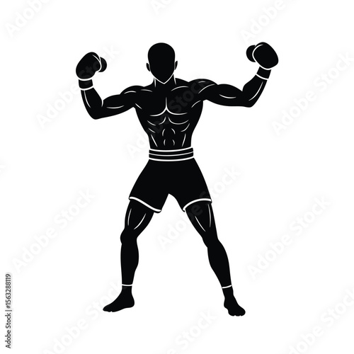 Bold black silhouette of a muscular boxer in a standing powerful pose with boxing gloves