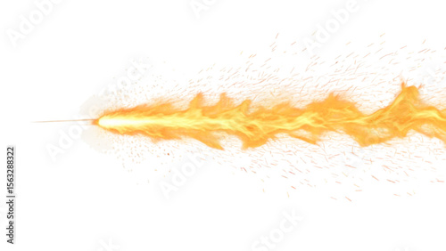 Fiery stream bursting left with scattered embers and motion blur. Great for flamethrower attacks, fire projectiles, or energy effects – PNG Transparent Background.
