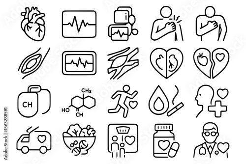 Cardiovascular Health Icons Vector Set - Heart Disease Medical Cardiology Line Art Collection