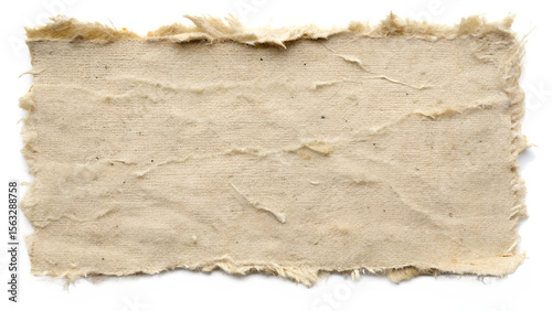 A piece of beige canvas fabric with a torn edge, isolated on transparent background