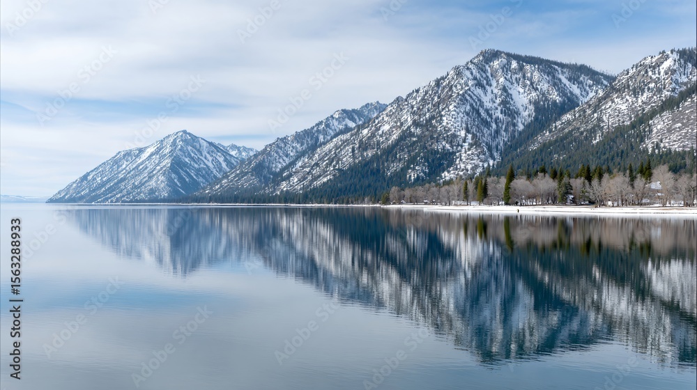 Fototapeta premium Snowy mountain lake with crystal reflections and frosted pine trees, cool blue and white winter palette, peaceful landscape, with space for text.