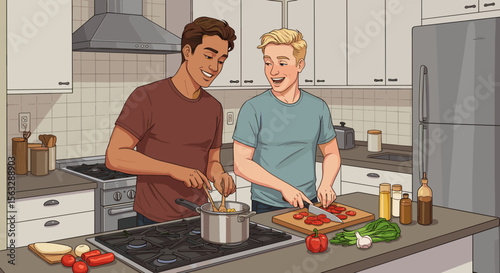 Gay couple cooking together and enjoying time in modern kitchen  