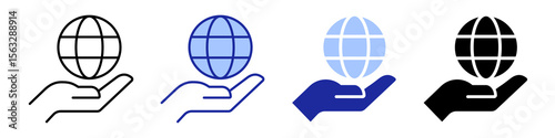 Hand Holding Blue Planet Earth in outline and Flat Style Icon Set. Human Protect Environmental Bio Pictogram. Isolated Vector Illustration