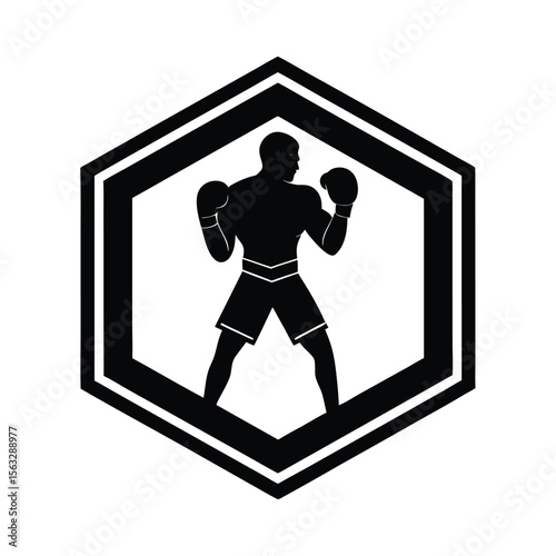 Boxing silhouette within a hexagon frame illustrating fitness strength and athleticism in sport