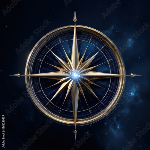Golden Compass Rose Floating Against Cosmic Star Background