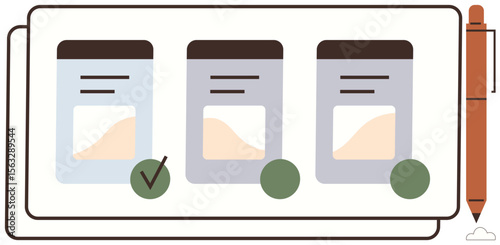 Three product cards with differing headers and graphs arranged in a series, one highlighted with a green checkmark. Ideal for decision-making, product comparison, business strategy, evaluation, user