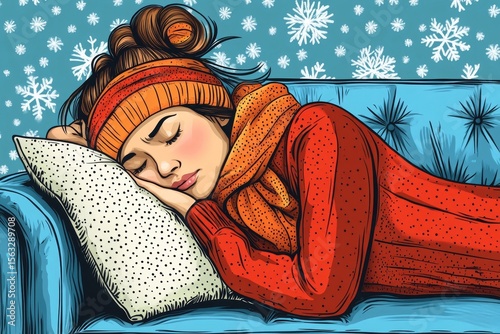 Seasonal sick concept. The young woman has a common cold and sneezes on the sofa, Generative AI