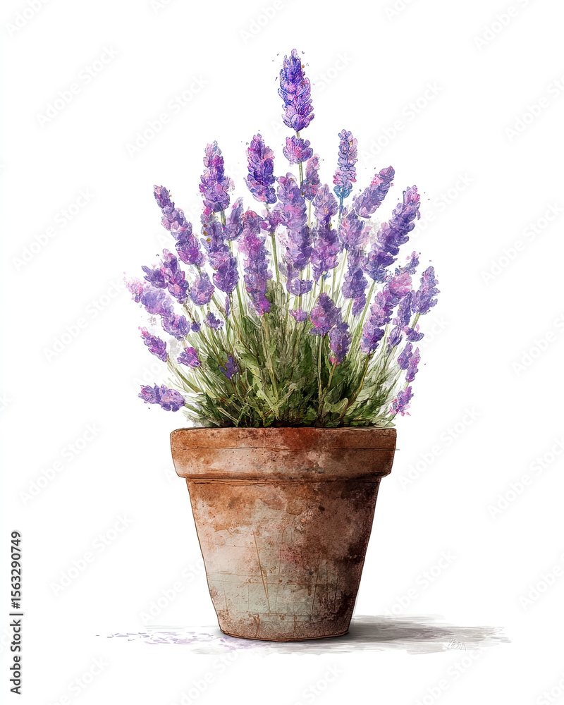 Fototapeta premium lavender plant flowers in pot watercolor illustration on white
